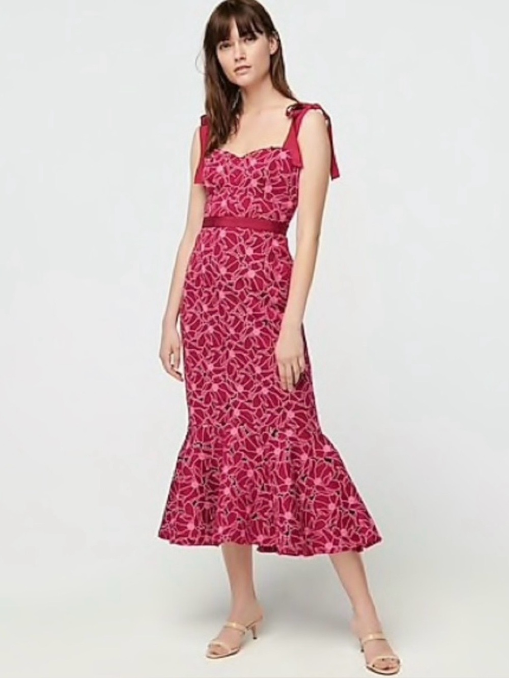 J. Crew Fuchsia Pink Tie-Shoulder Floral Midi Dress